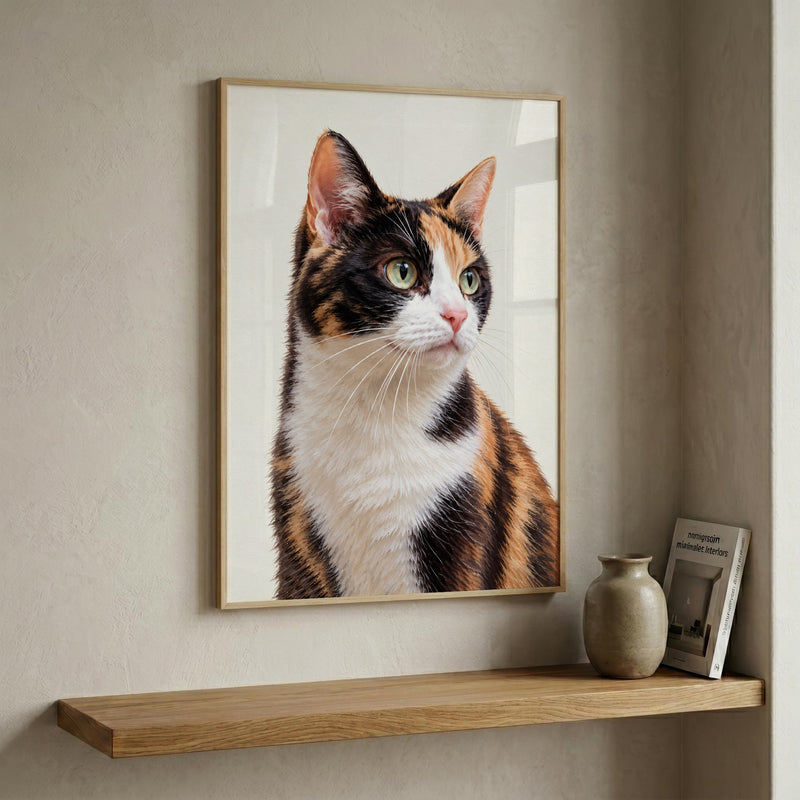A framed vertical art print of a calico cat hangs on a textured beige wall above a wooden floating shelf, next to a small ceramic vase and a book.