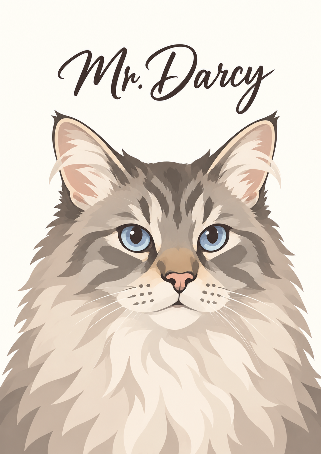 Mr. Darcy personalised Drawing Portrait with blue eyes, distinctive tabby markings and his name above on a cream background