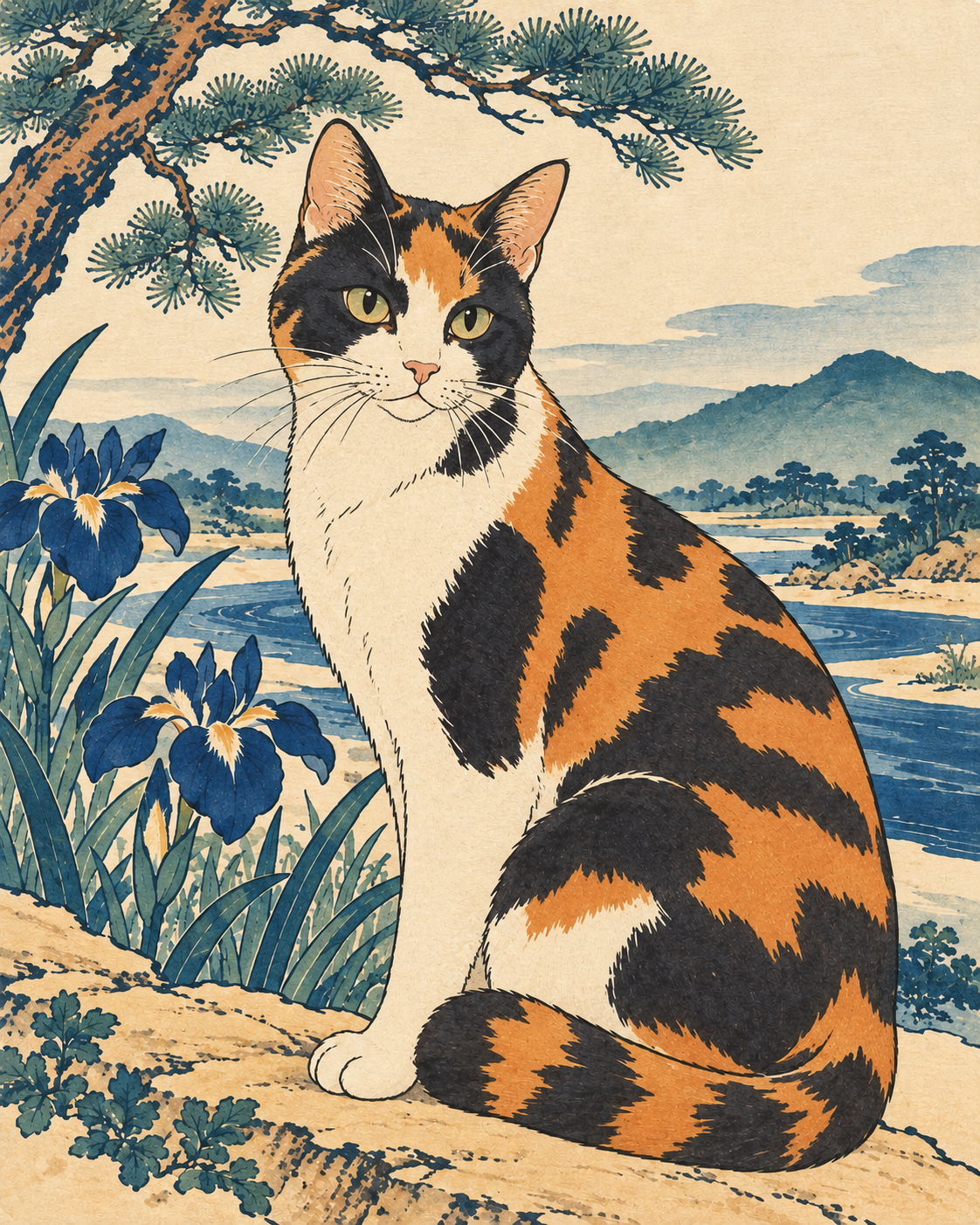 Japanese Woodblock Portrait example: calico cat beside an indigo river, pine branches and irises