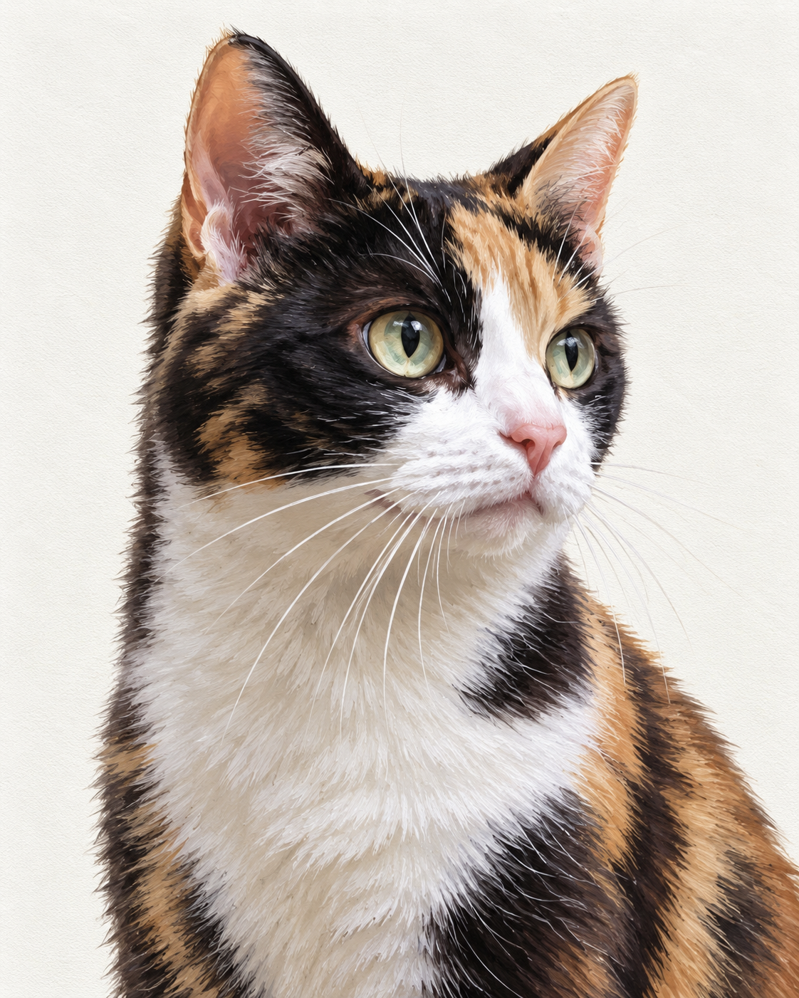 Studio Portrait example: calico cat against a pale ivory background