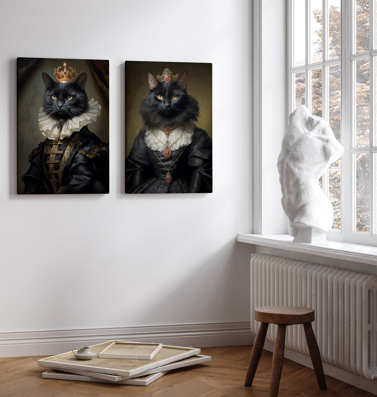 Her Majesty the Black Cat on canvas, shown in two sizes