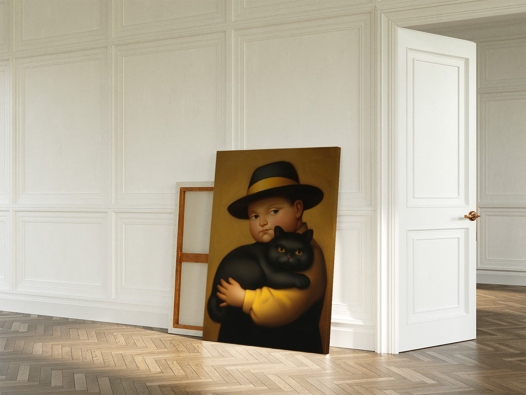 Boy & His Reluctant Black Cat as a large canvas on the wall