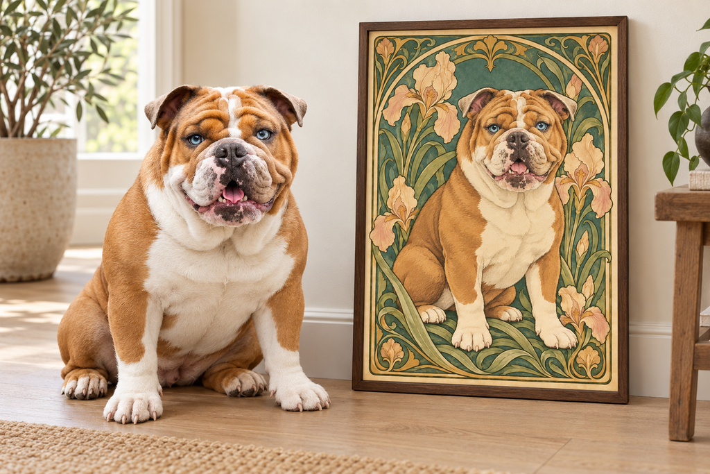 A real bulldog sits on a wood floor beside a framed art print showing an illustrated version of the same bulldog in an Art Nouveau floral design. The room has a window, plants, and a stool.