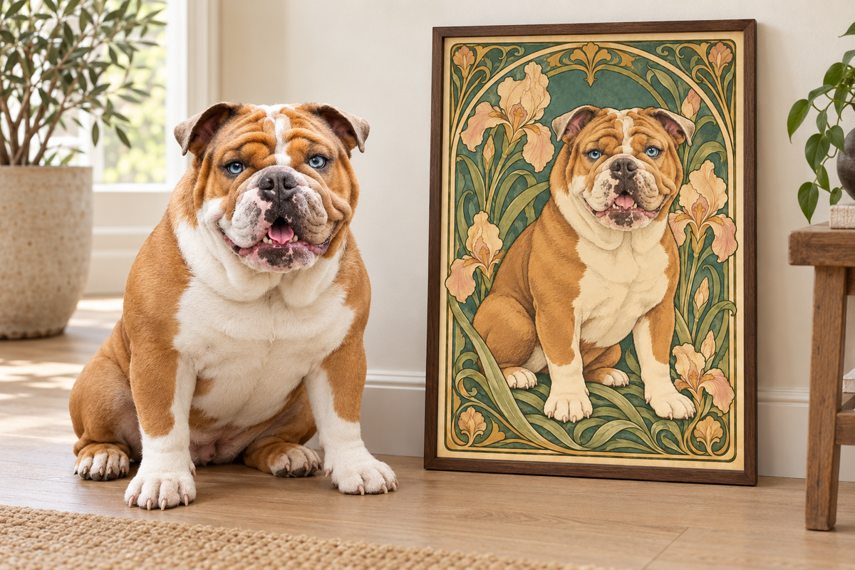 A real bulldog sits on a wood floor beside a framed art print showing an illustrated version of the same bulldog in an Art Nouveau floral design. The room has a window, plants, and a stool.