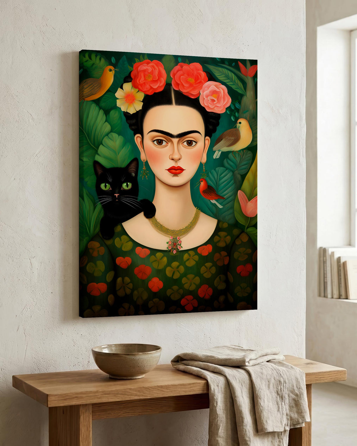 Flower-Crowned Woman & Black Cat as a canvas print