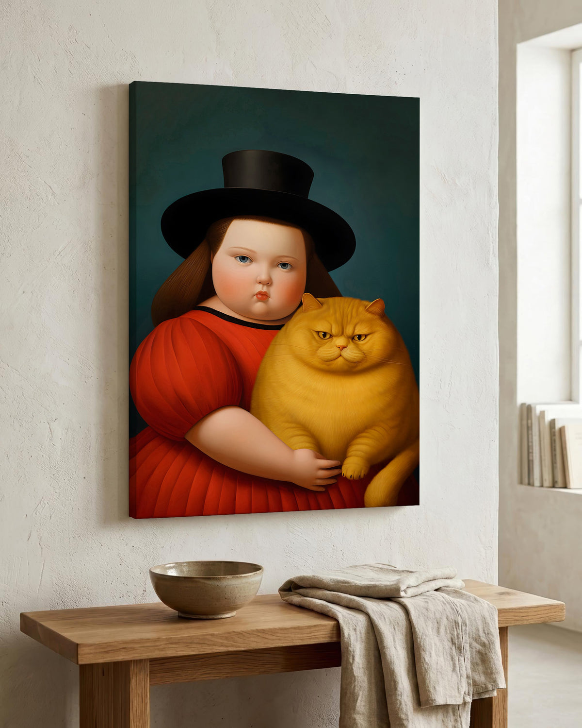 Girl & Her Unimpressed Ginger Cat as a canvas print