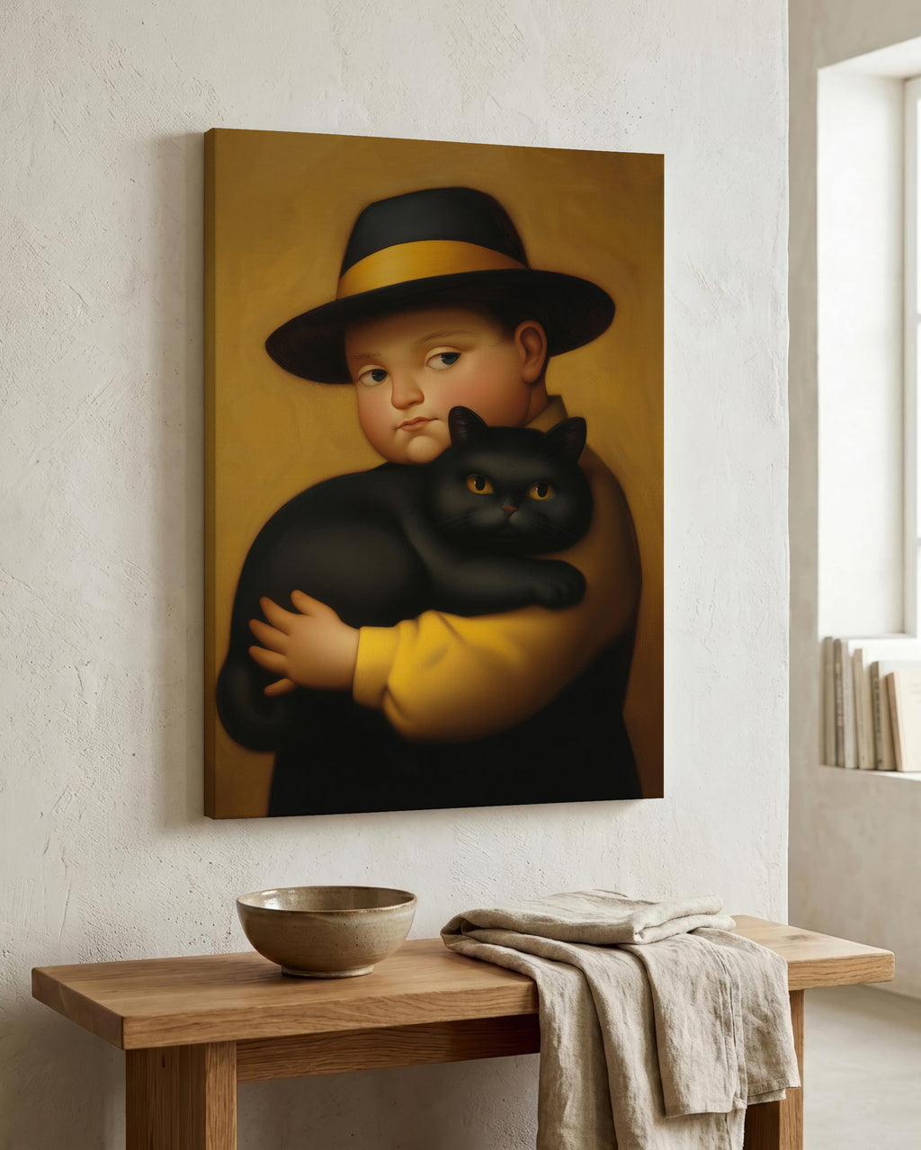Boy & His Reluctant Black Cat as a canvas print