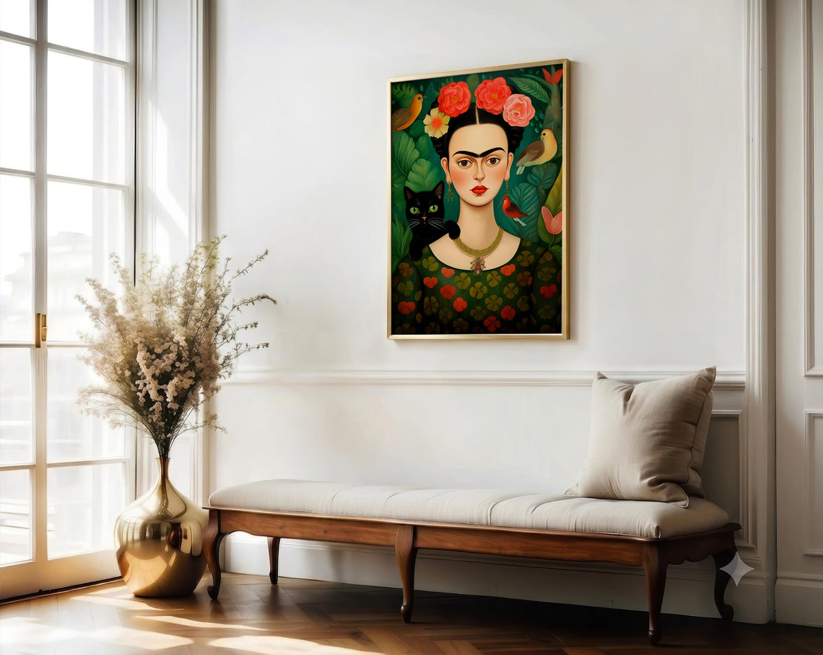 Flower-Crowned Woman & Black Cat framed above a chaise longue
