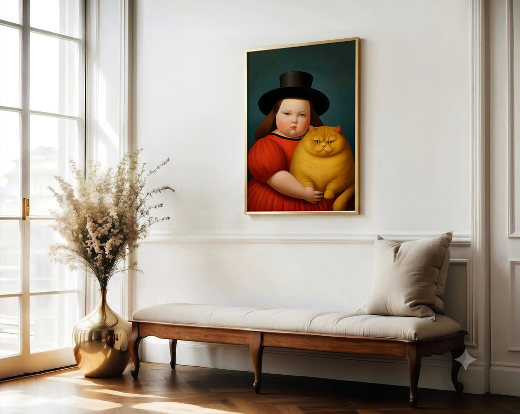 Girl & Her Unimpressed Ginger Cat framed above a chaise longue
