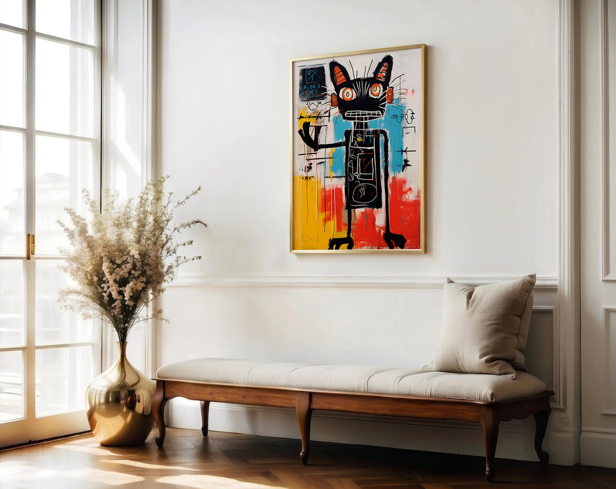 Black Cat in Bold Abstract Color framed above a chaise longue