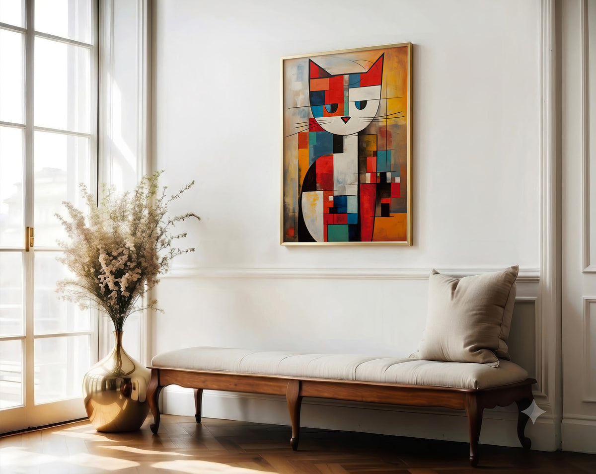 Mondrian Grid Cat No. 2 framed above a chaise longue
