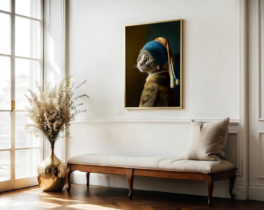 Pearl Earring Gray Cat framed above a chaise longue