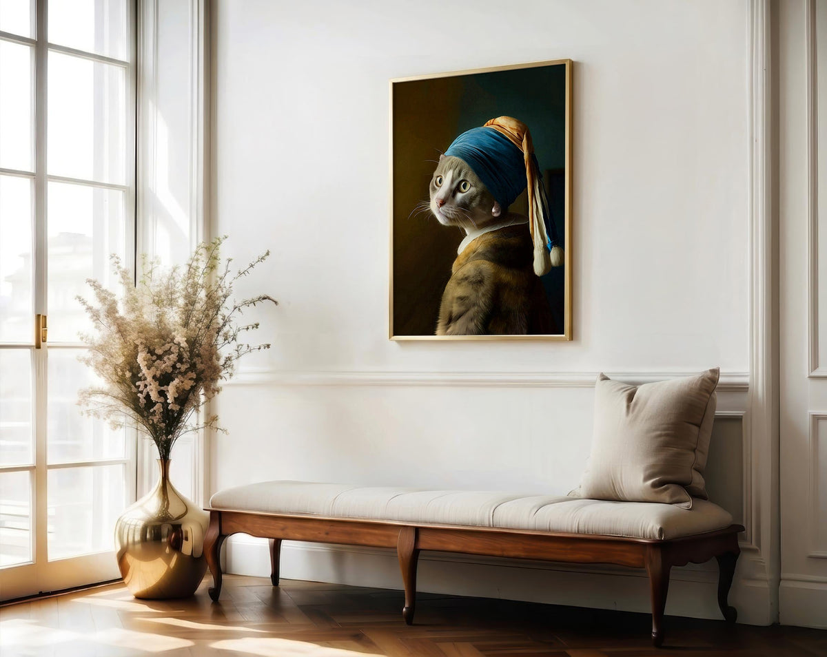 Pearl Earring Gray Cat framed above a chaise longue