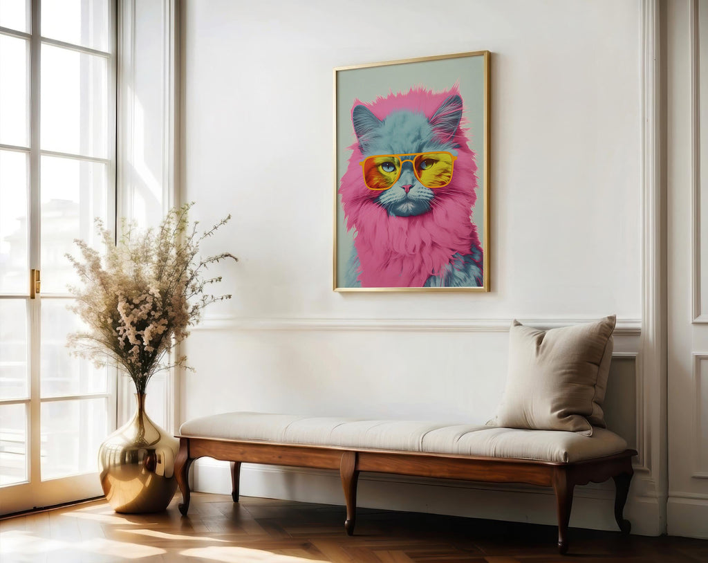 Pop Icon Cat framed above a chaise longue