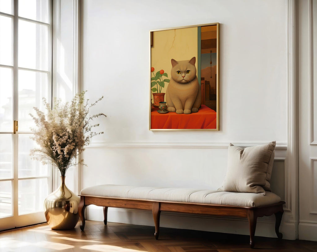 The Contented Ginger Cat framed above a chaise longue