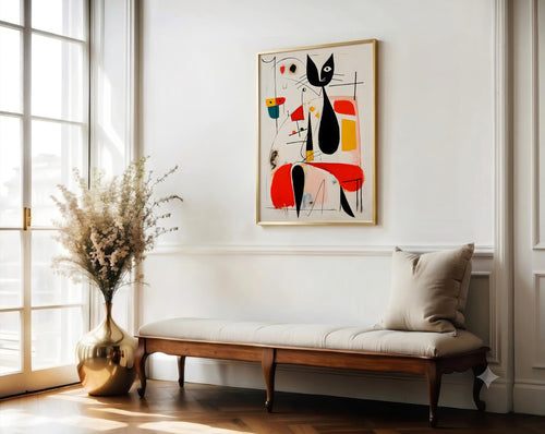 Woman & Cat in Vivid Abstract framed above a chaise longue