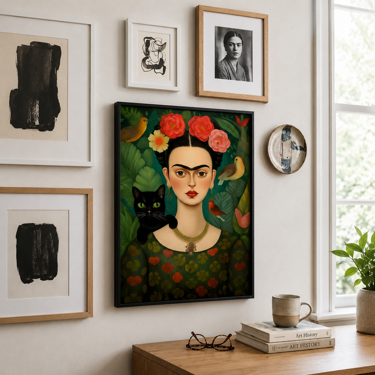 Flower-Crowned Woman & Black Cat – cat art print