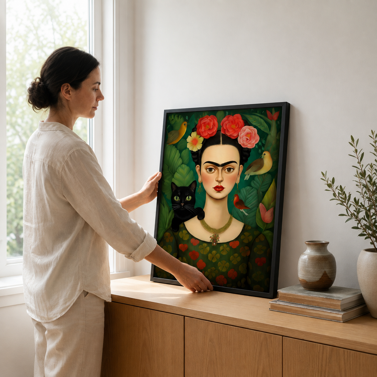 Flower-Crowned Woman & Black Cat – cat art print (2)