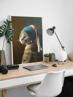Pearl Earring Gray Cat framed above a desk