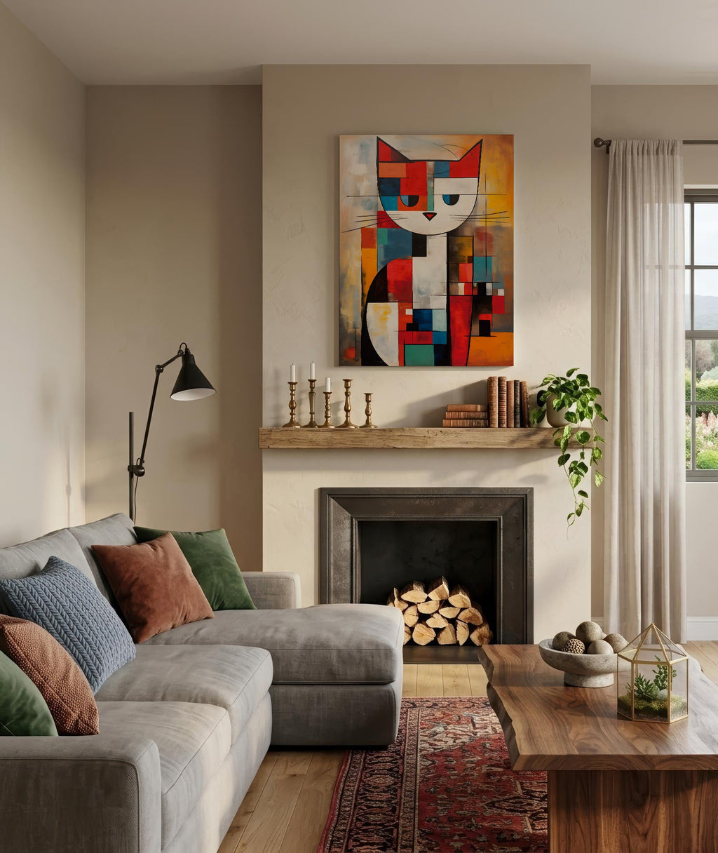 Mondrian Grid Cat No. 2 framed above a fireplace