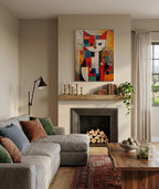 Mondrian Grid Cat No. 2 framed above a fireplace
