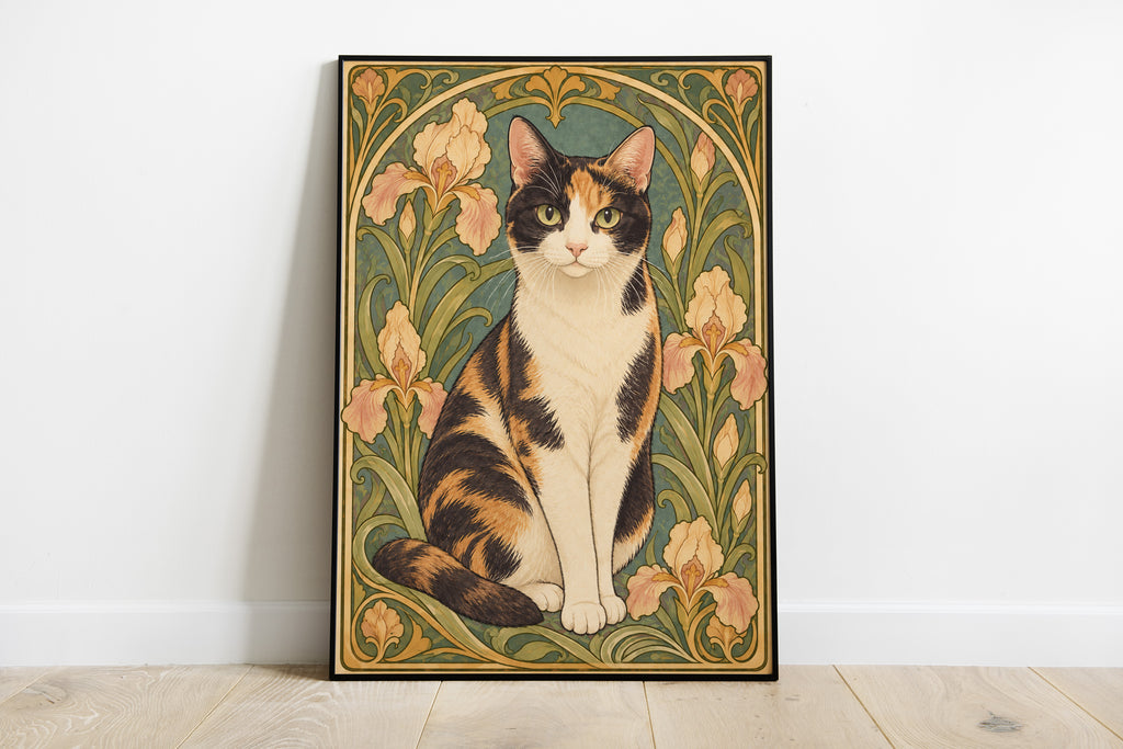 A framed art print featuring a calico cat in an Art Nouveau style with floral motifs, leaning against a white wall on a light wood floor.