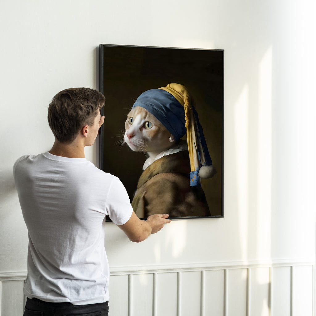 Ginger Cat with Pearl Earring Wall Art | Fine Cat Art Portrait
