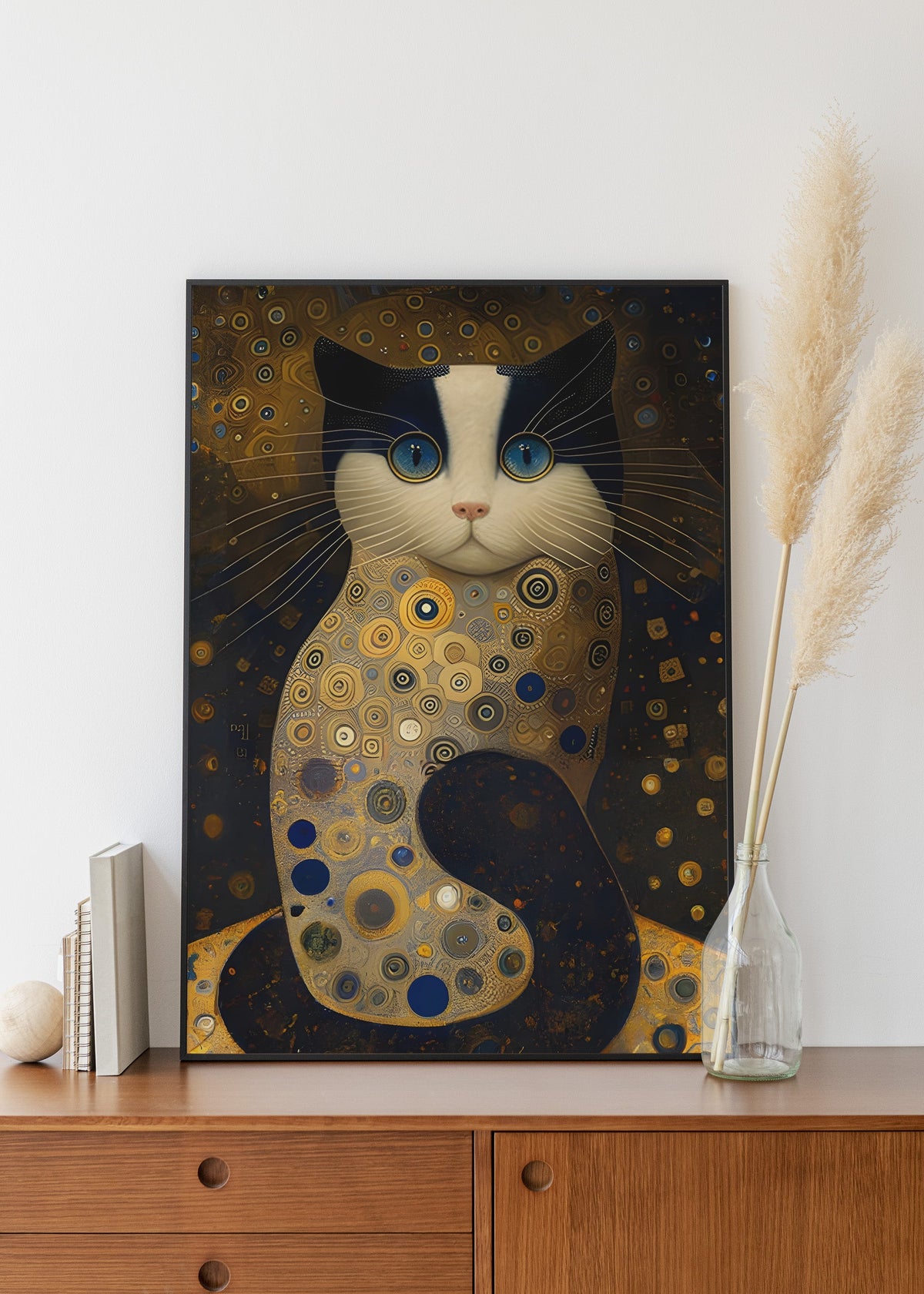 Golden Cat after Klimt framed on the wall