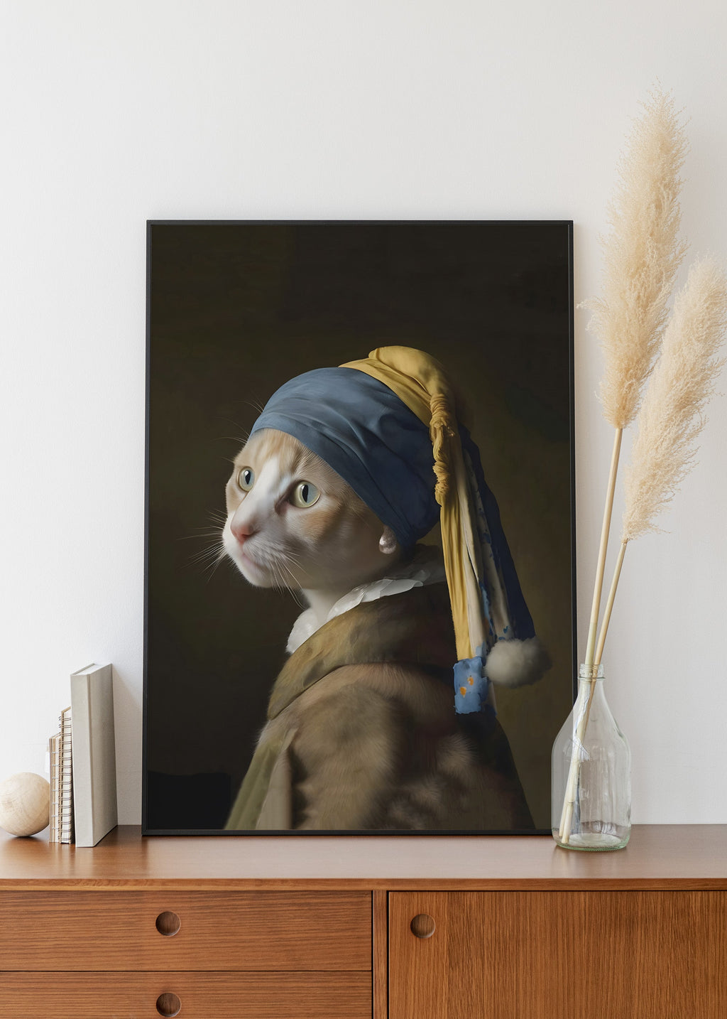 Pearl Earring Ginger Cat framed on the wall