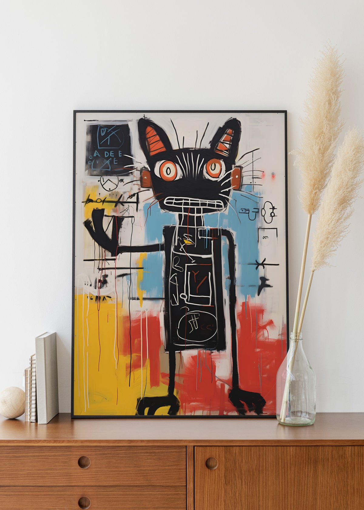 Black Cat in Bold Abstract Color framed on the wall
