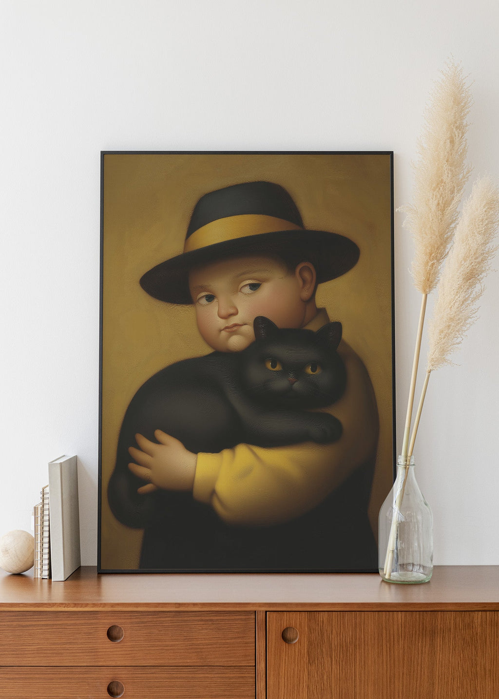 Boy & His Reluctant Black Cat framed on the wall