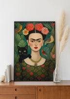 Flower-Crowned Woman & Black Cat framed on the wall
