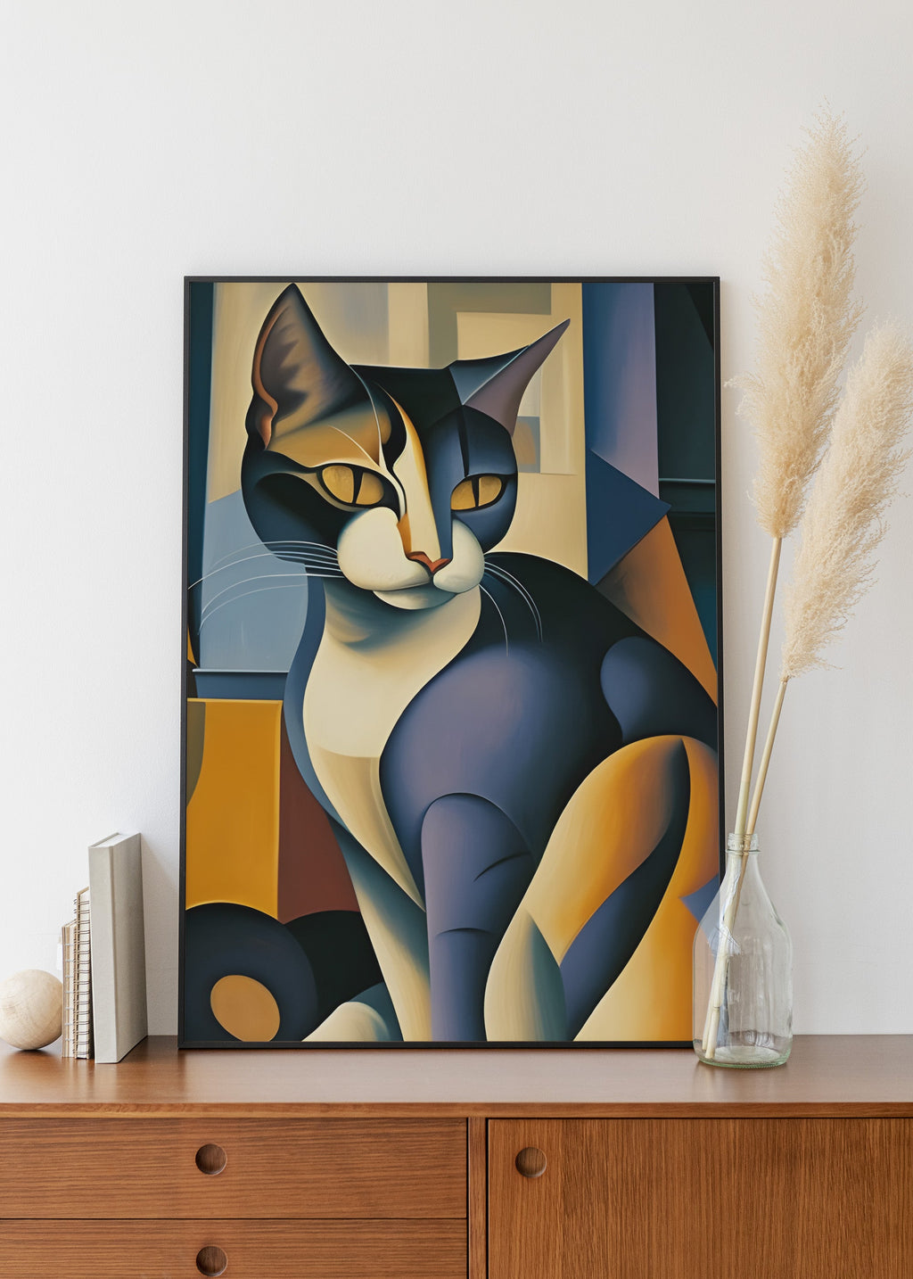 Faceted Cat Portrait framed on the wall