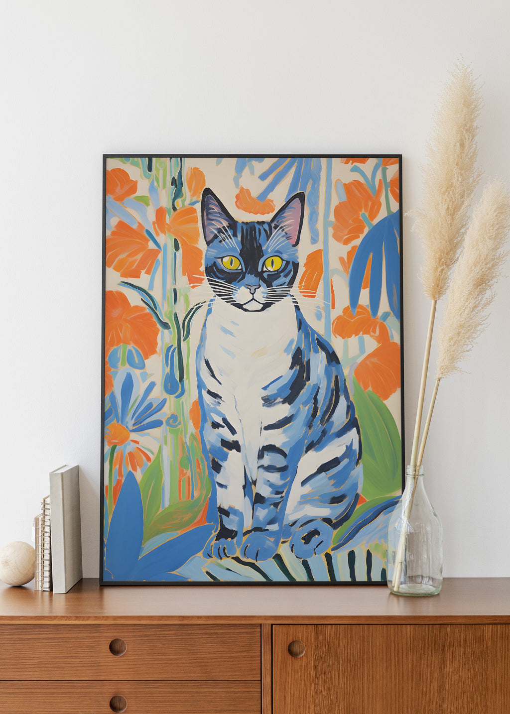 Blue Cat in Matisse-Inspired Cut-Outs framed on the wall