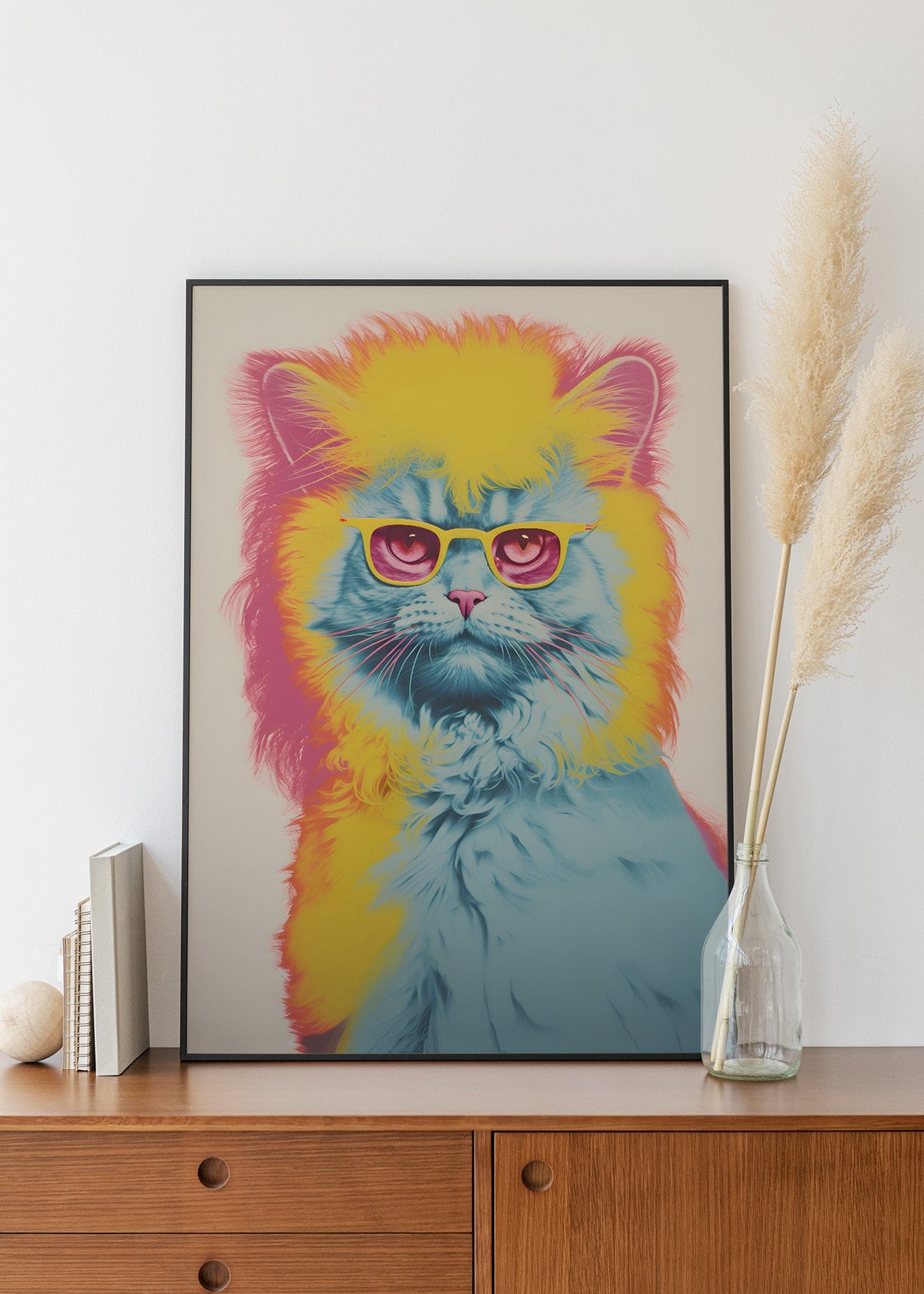 Retro Screenprint Cat framed on the wall