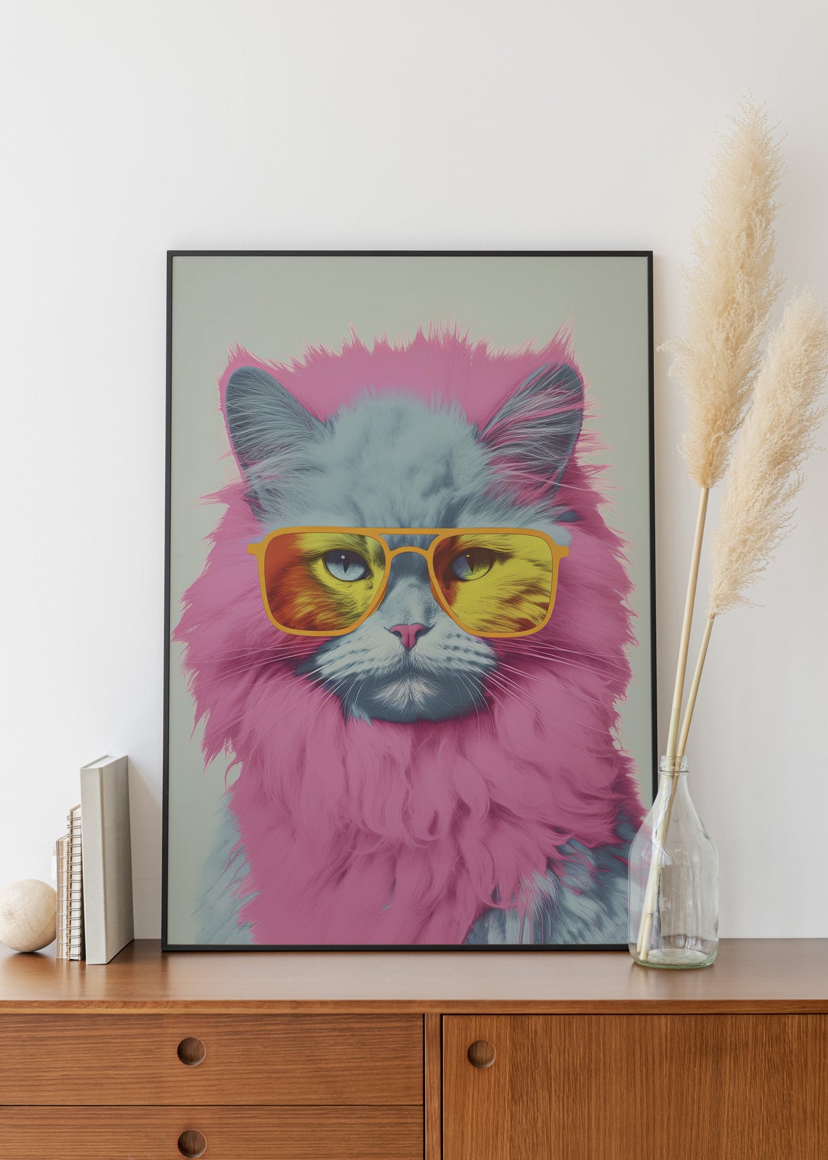 Pop Icon Cat framed on the wall