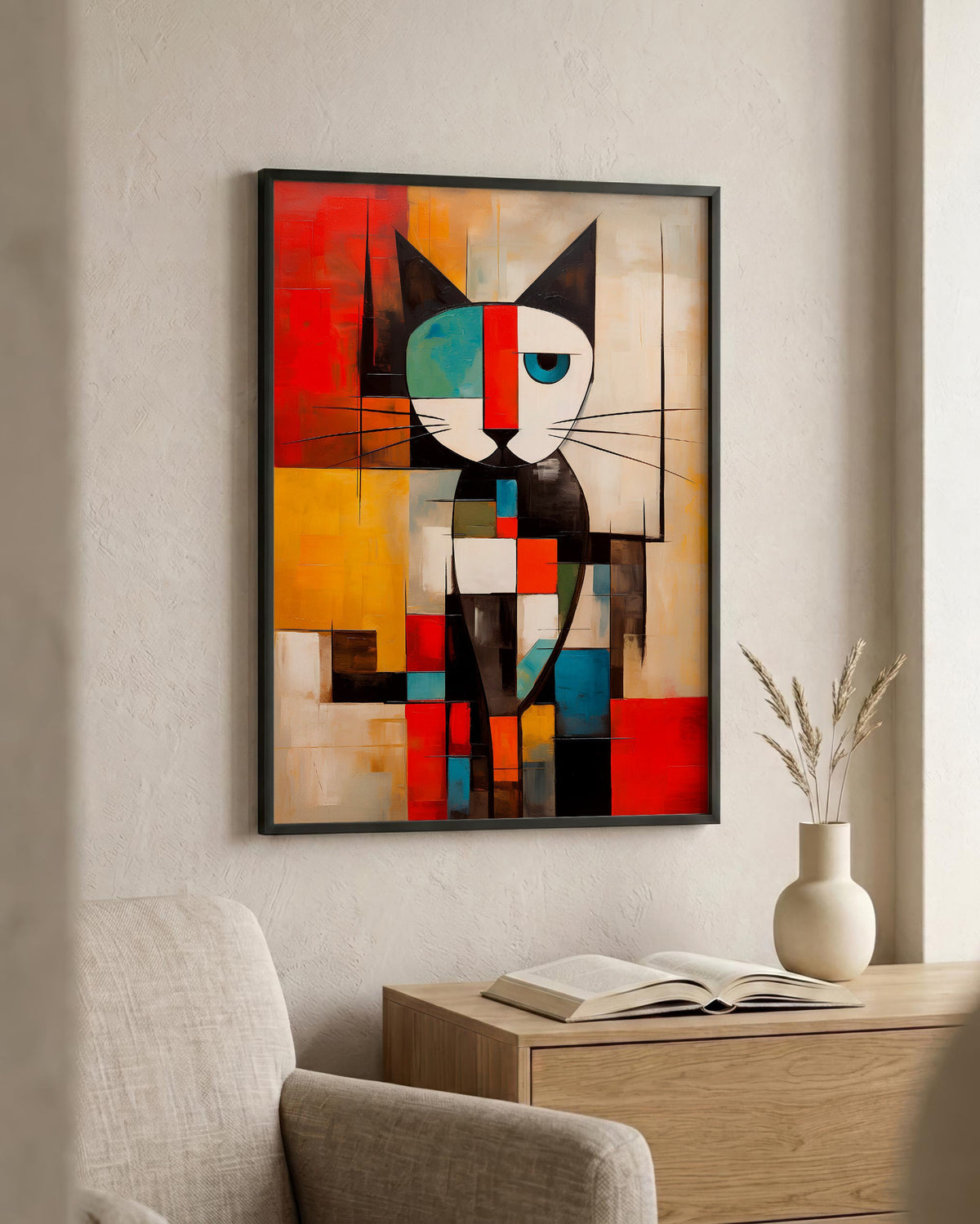 Mondrian Grid Cat No. 1 in a black frame