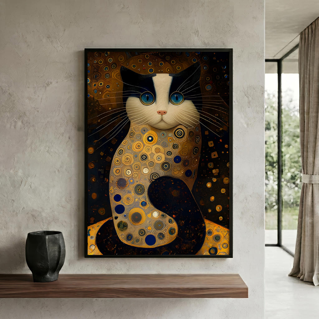 Golden Cat after Klimt in a black frame