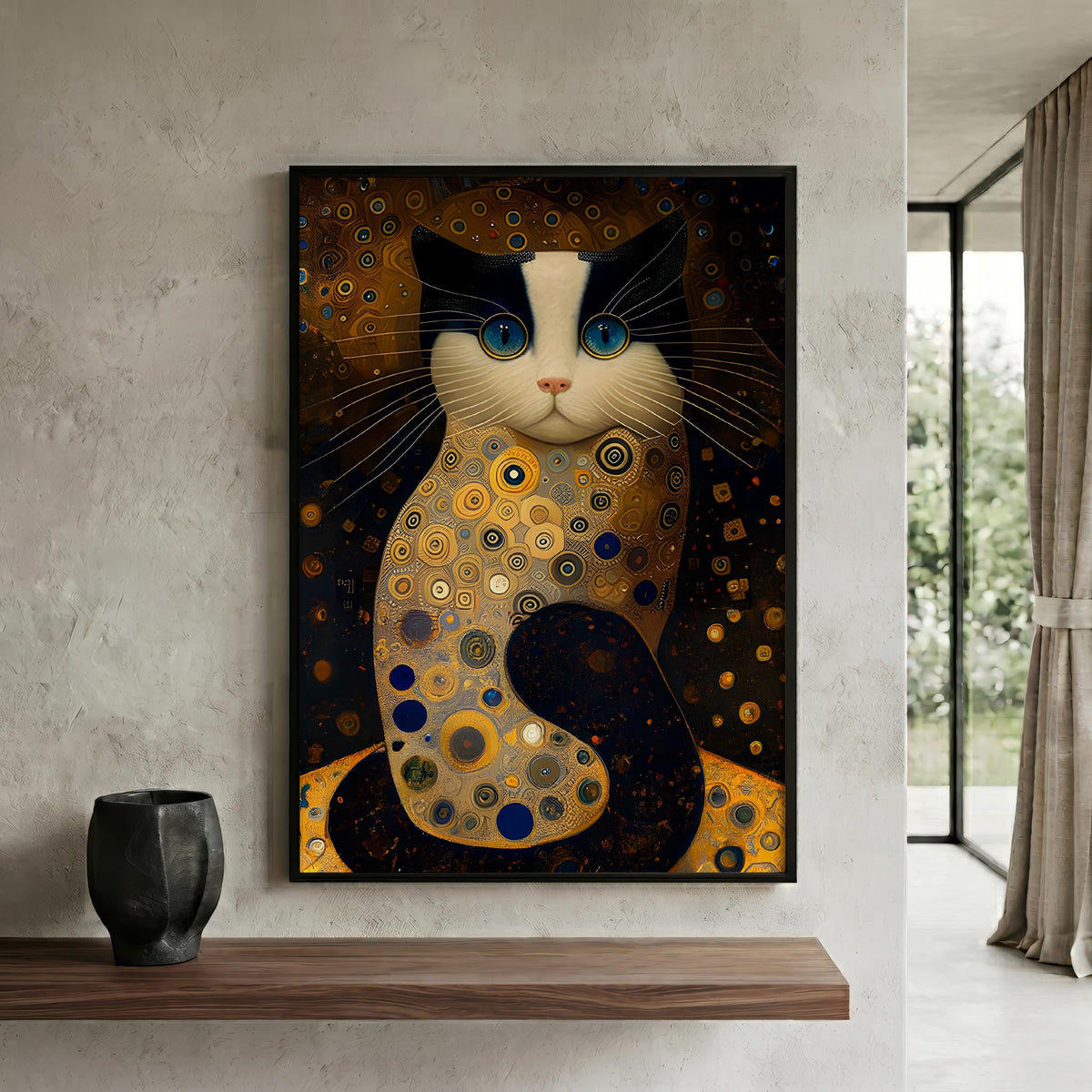 Golden Cat after Klimt in a black frame