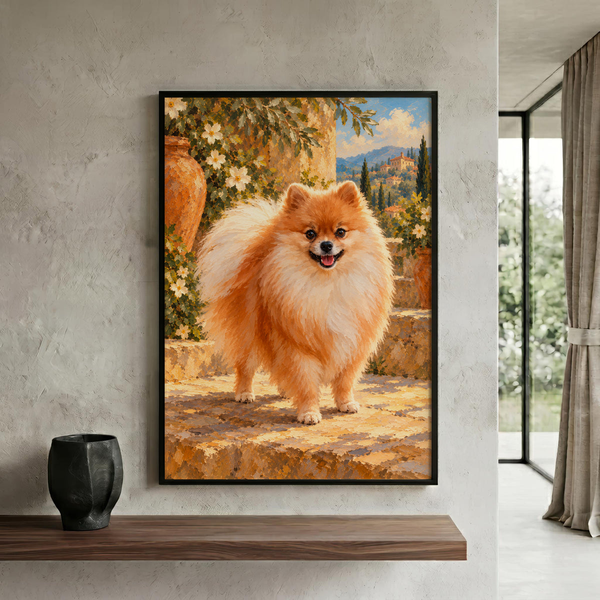 A framed canvas art print of a fluffy orange Pomeranian dog standing on stone steps, displayed on a textured gray wall above a wooden shelf in a modern interior setting.