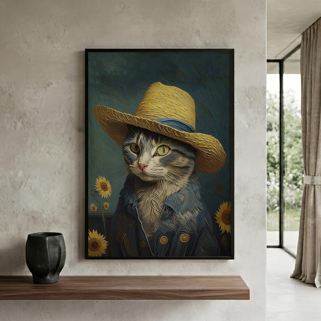 Cat in a Straw Hat in a black frame