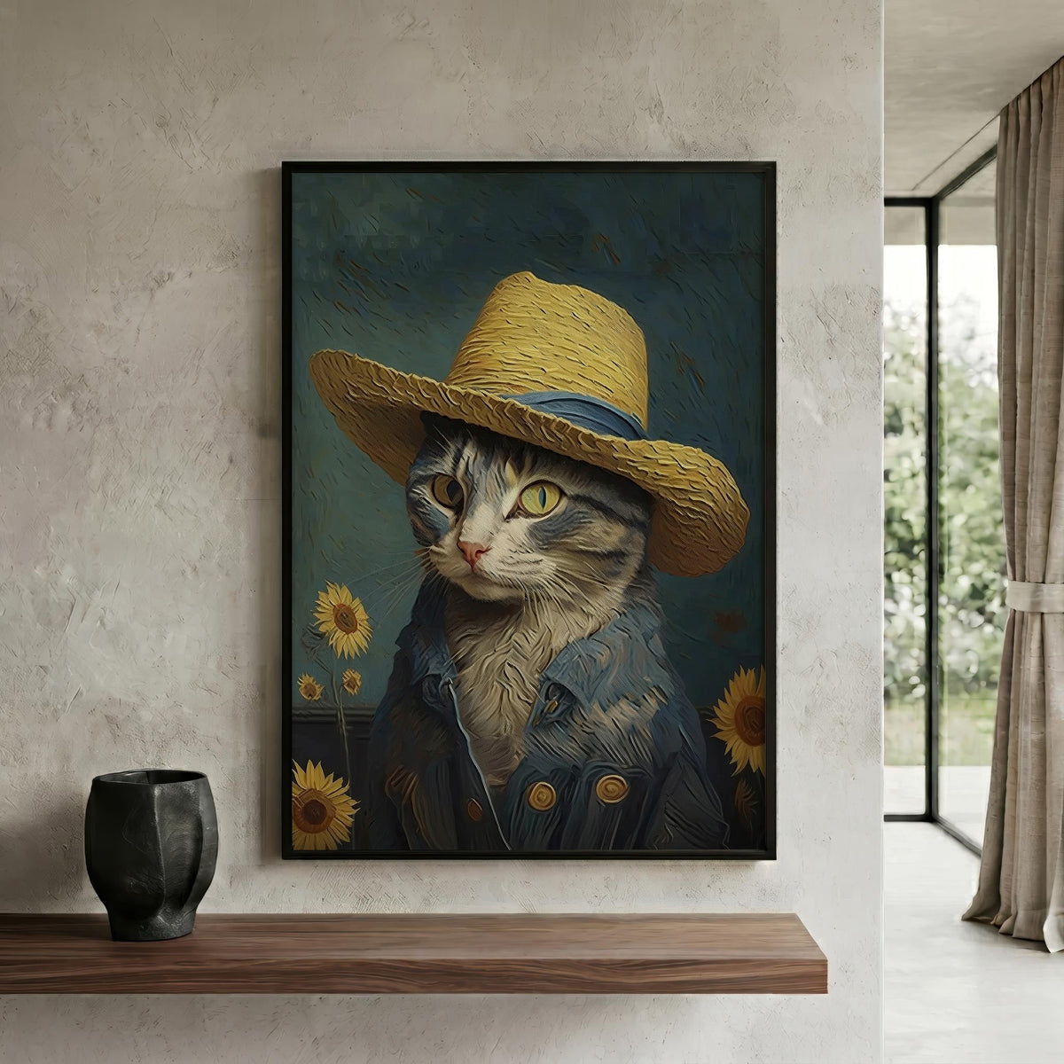 Cat in a Straw Hat in a black frame