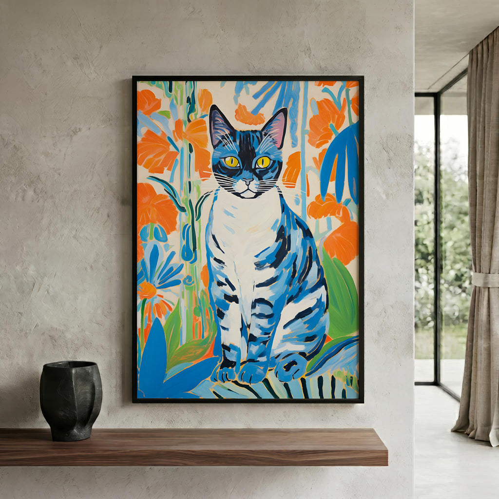 Blue Cat in Matisse-Inspired Cut-Outs in a black frame