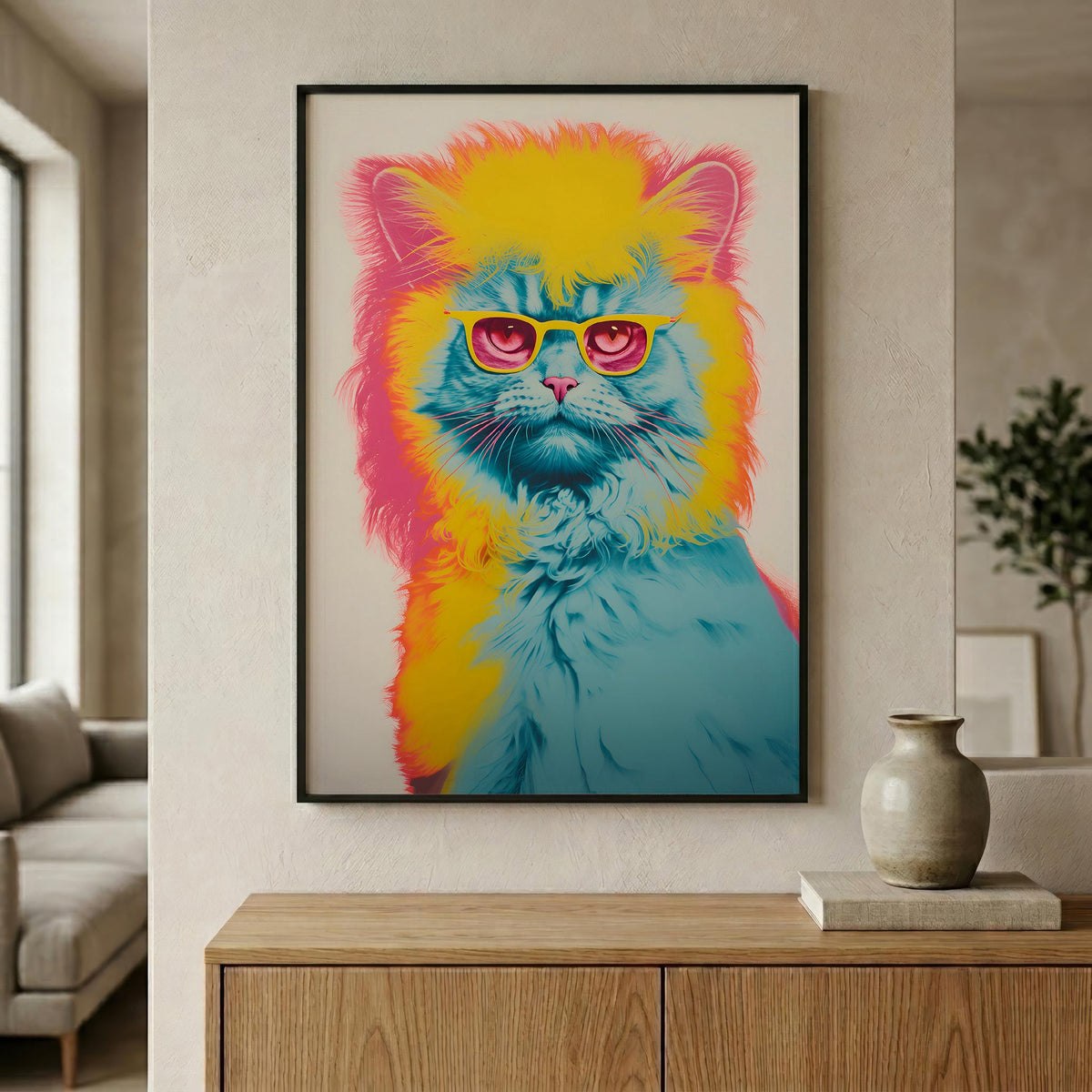 Retro Screenprint Cat in a black frame