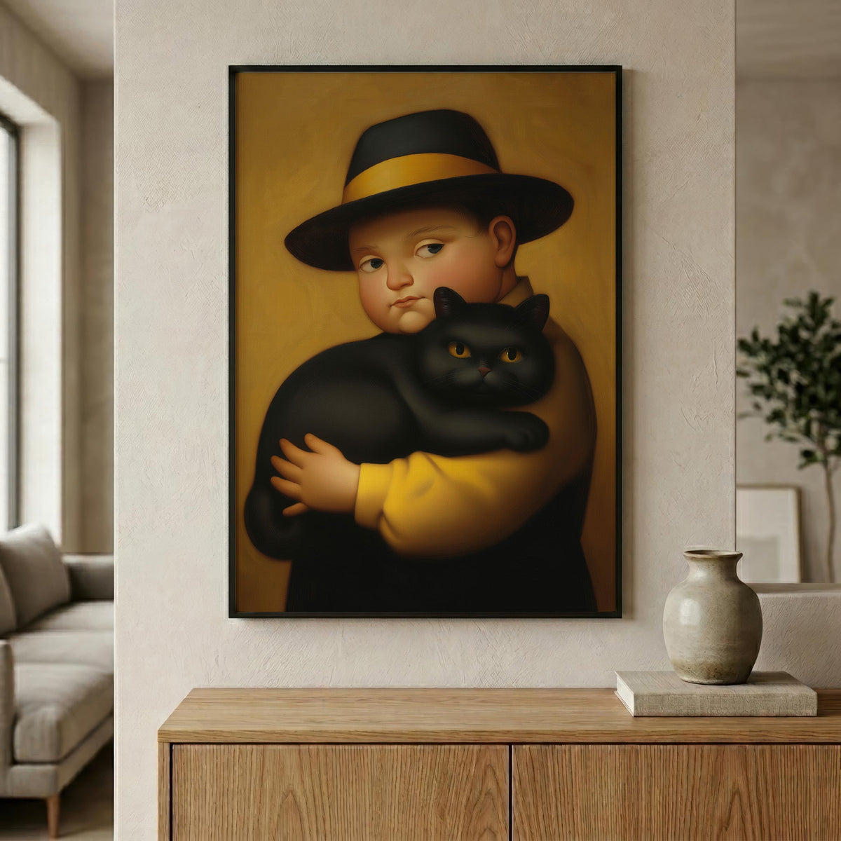 Boy & His Reluctant Black Cat in a black frame