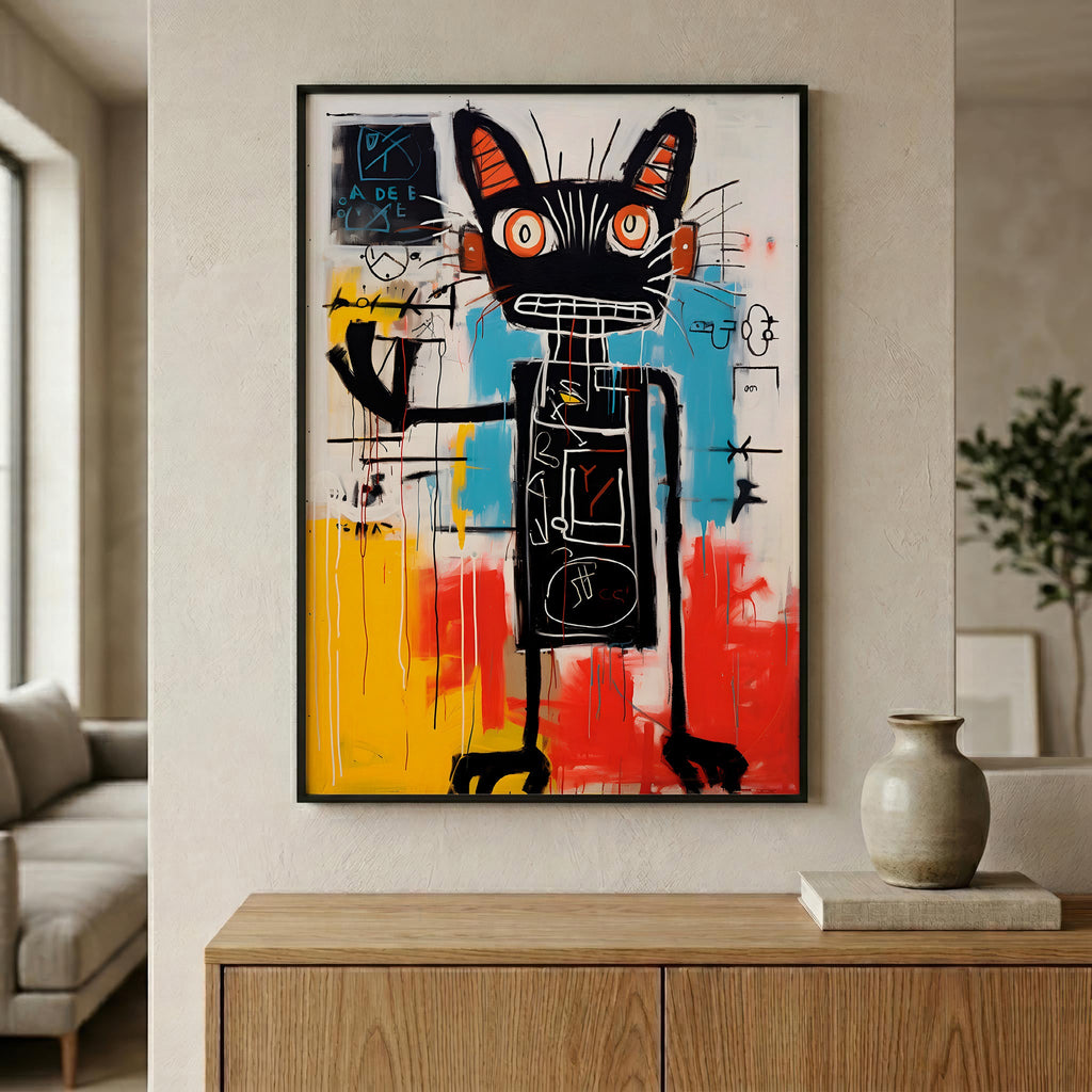 Black Cat in Bold Abstract Color in a black frame