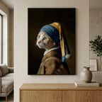 Pearl Earring Ginger Cat in a black frame