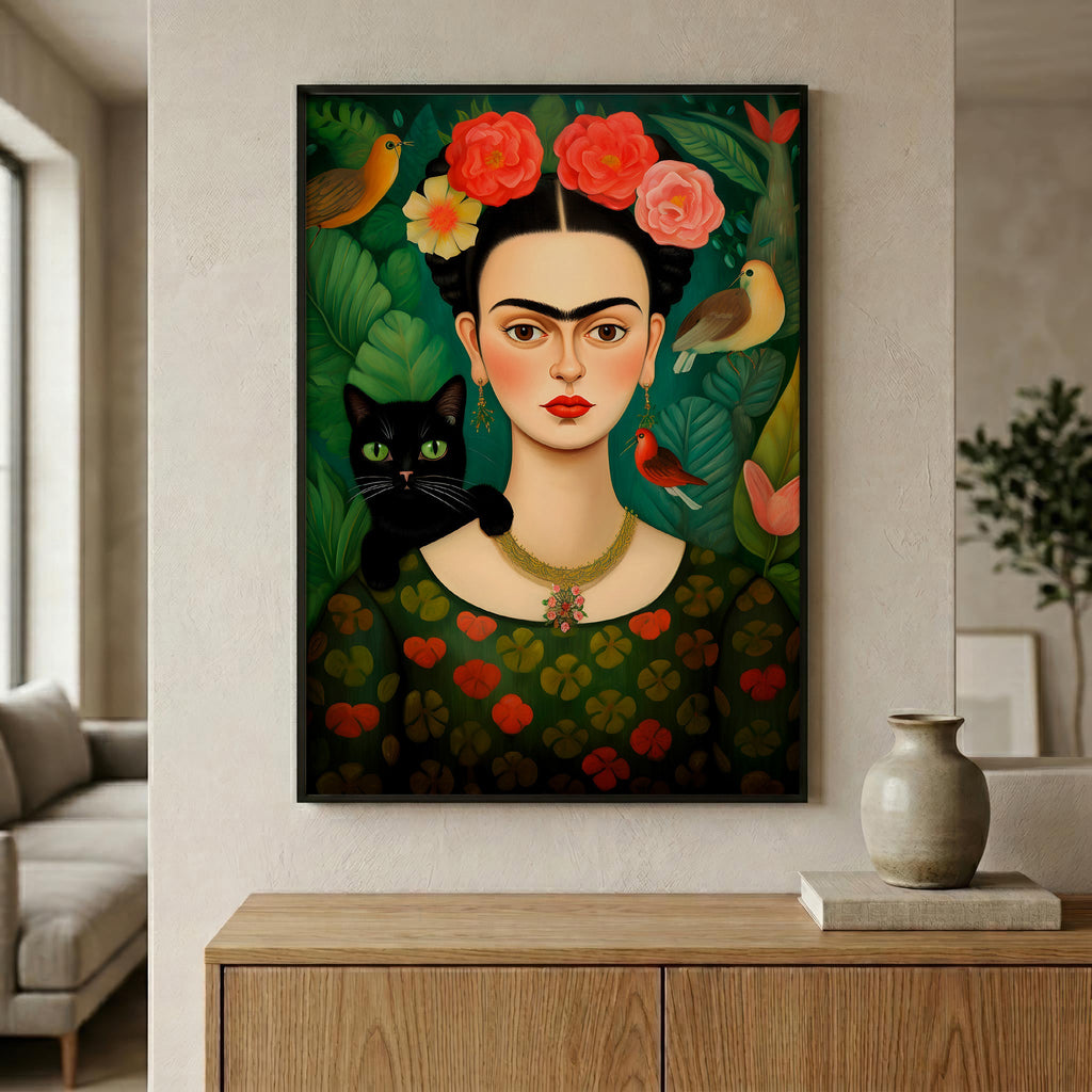 Flower-Crowned Woman & Black Cat in a black frame
