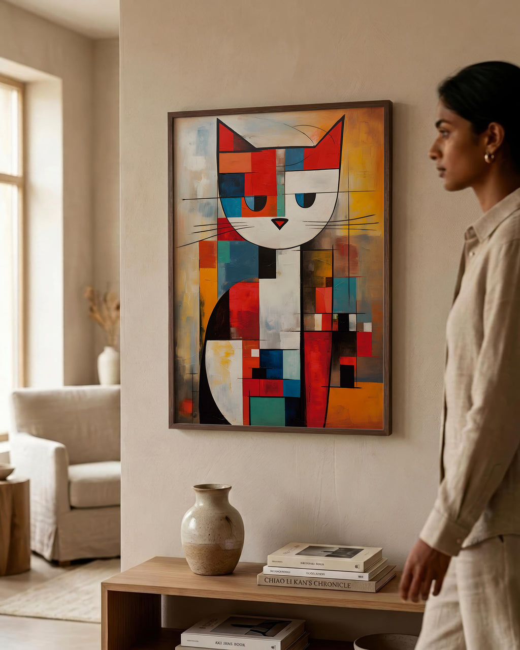 Mondrian Grid Cat No. 2 in a dark wood frame
