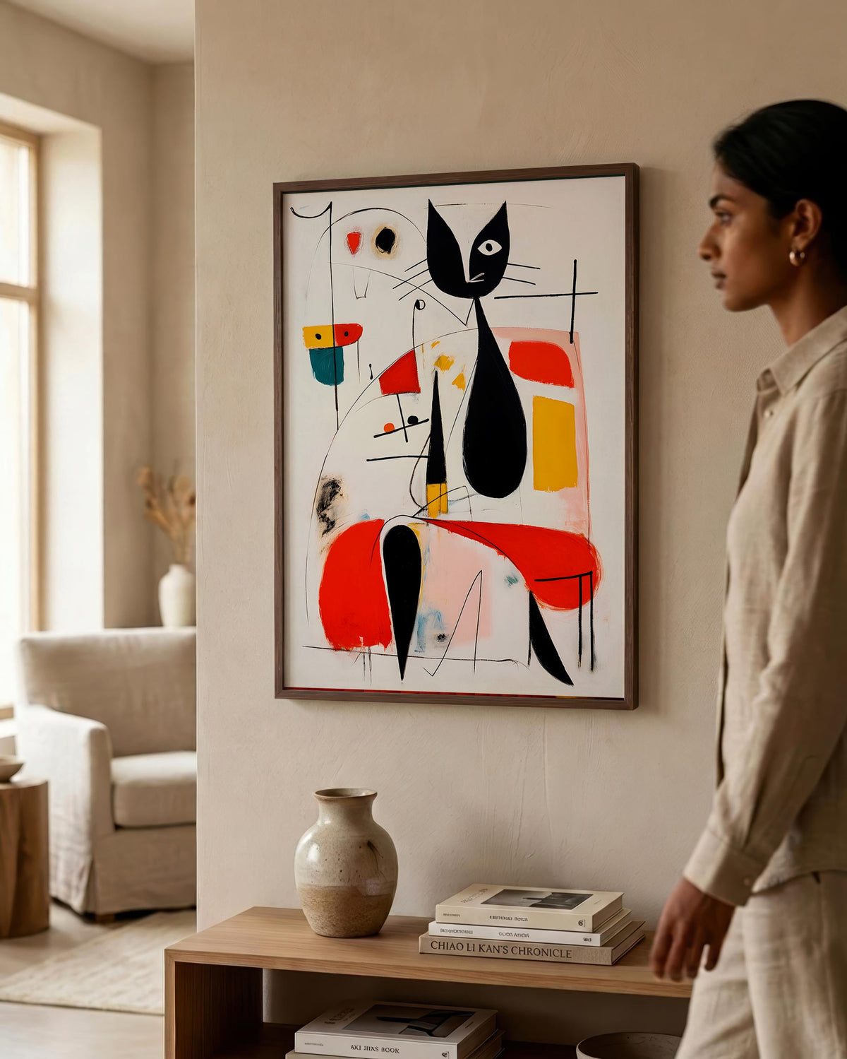 Woman & Cat in Vivid Abstract in a dark wood frame